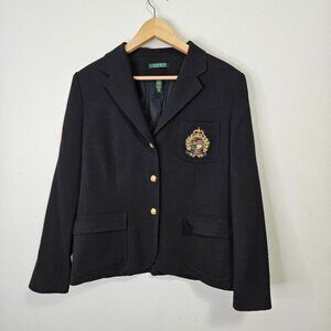 Ralph Lauren Wool Blazer Jacket Women's Sz 14 Black Crest Academia Old Money